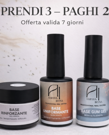 Scegli 3 basi professionali AMPAVA IRYNA tra:
– Base Rinforzante (barattolo)
– Base Uniformante
– Base GUM Gel
💥 Ne paghi solo 2
💶 Prezzo standard: 45 €
🔥 Prezzo offerta: 30 €
⏰ Offerta valida 7 giorni
Come funziona l’offerta:
Dopo aver completato l’ordine, indica nelle NOTE DELL’ORDINE: – quali 3 basi desideri
– la colorazione di ciascuna base
In mancanza di indicazioni, verrai contattata prima della spedizione.
✔️ Colorazioni a scelta
✔️ Valida online e in negozio